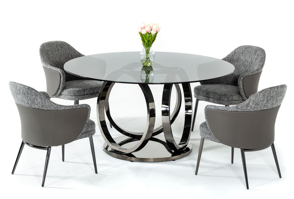 Modrest Enid Modern Smoked Glass & Black Stainless Steel Round Dining Table Black Dining Table SKU VGZAT009-DT Product ID: 77880