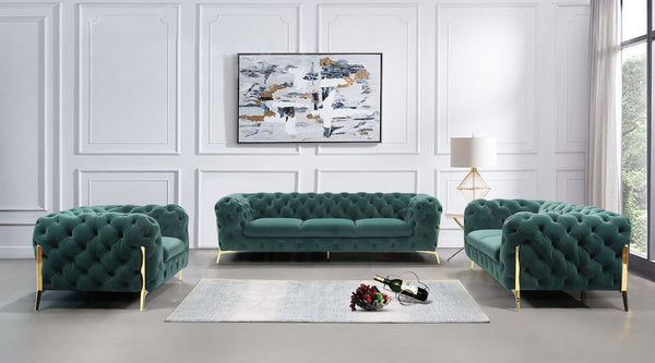 Divani Casa Quincey Transitional Emerald Green Velvet Sofa Set Green Sofa Set SKU VGKNK8520-GRN-SET Product ID: 79200