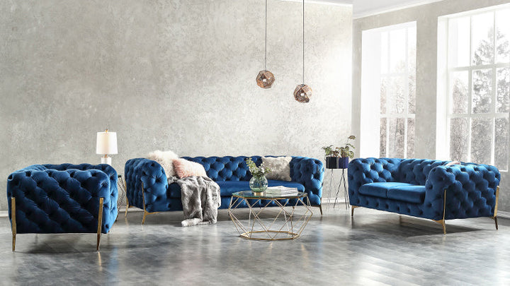 Divani Casa Sheila Modern Dark Blue Fabric Sofa Set - MONAVILLA