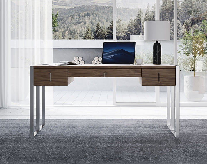 Modrest Orcutt Modern Walnut & Stainless Steel Desk - MONAVILLA