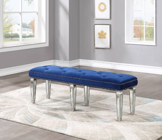 ACME Varian Blue Velvet & Mirrored Bench Model 26157 - MONAVILLA
