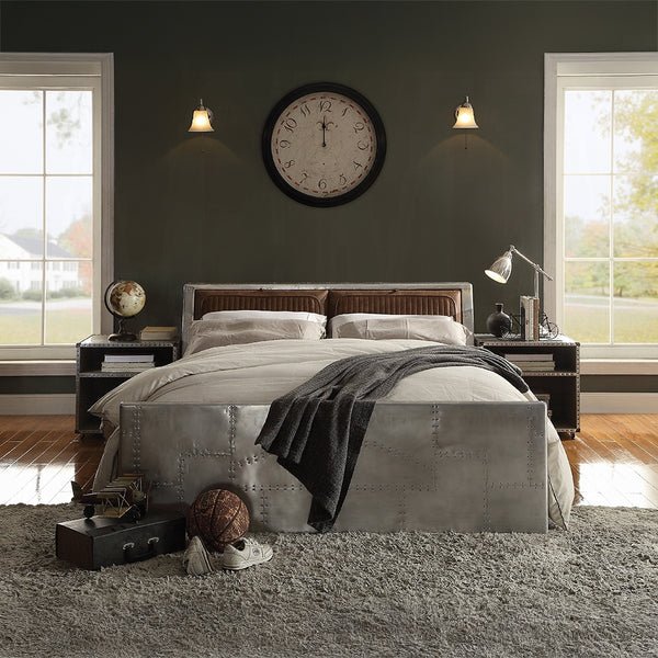 ACME Brancaster Retro Brown Top Grain Leather & Aluminum Queen Bed Model 26220Q