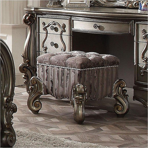 ACME Versailles Fabric & Antique Platinum Vanity Stool Model 26848