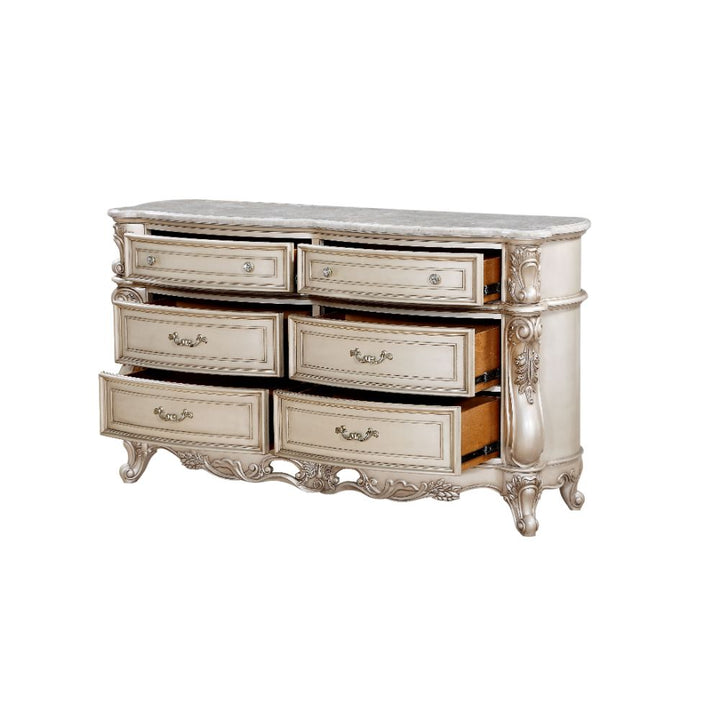 ACME Gorsedd Marble & Antique White Dresser Model 27445 - MONAVILLA