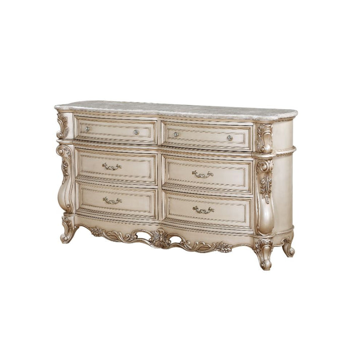ACME Gorsedd Marble & Antique White Dresser Model 27445 - MONAVILLA