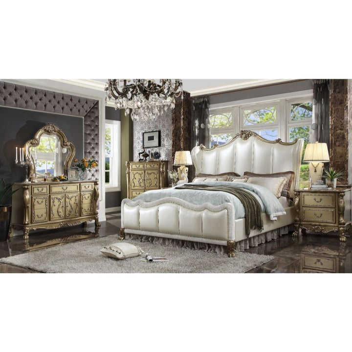 ACME Dresden II Pearl White PU & Gold Patina Queen Bed Model 27820Q - MONAVILLA