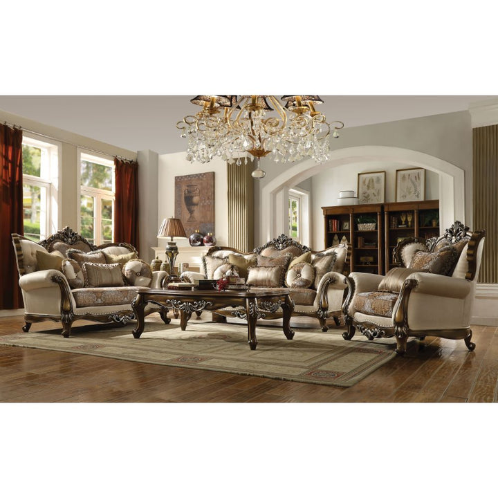 ACME Latisha Tan, Pattern Fabric & Antique Oak Loveseat Model 52116 - MONAVILLA