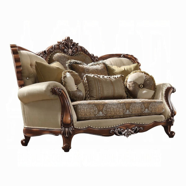 ACME Latisha Tan, Pattern Fabric & Antique Oak Loveseat Model 52116