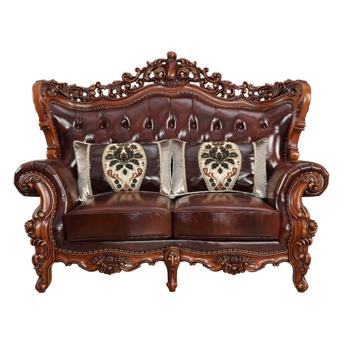 ACME Eustoma Cherry Top Grain Leather Match & Walnut Loveseat Model 53066 - MONAVILLA