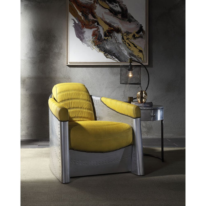 ACME Brancaster Yellow Top Grain Leather & Aluminum Accent Chair Model 59624 - MONAVILLA