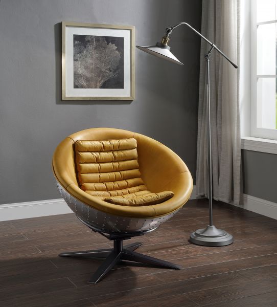 ACME Brancaster Turmeric Top Grain Leather & Aluminum Accent Chair Model 59664 - MONAVILLA