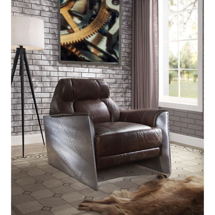 ACME Brancaster Espresso Top Grain Leather & Aluminum Accent Chair Model 59715 - MONAVILLA