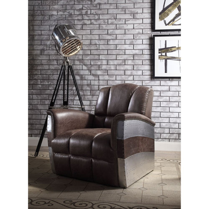 ACME Brancaster Retro Brown Top Grain Leather & Aluminum Accent Chair Model 59716 - MONAVILLA
