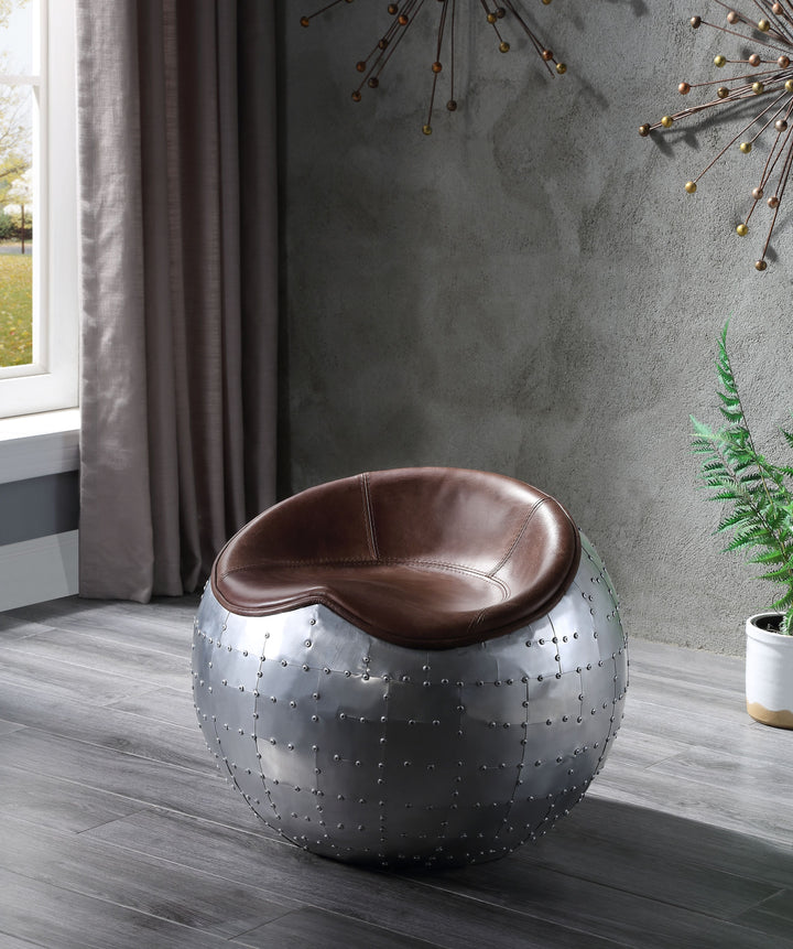 ACME Brancaster Retro Brown Top Grain Leather & Aluminum Ottoman Model 59836 - MONAVILLA