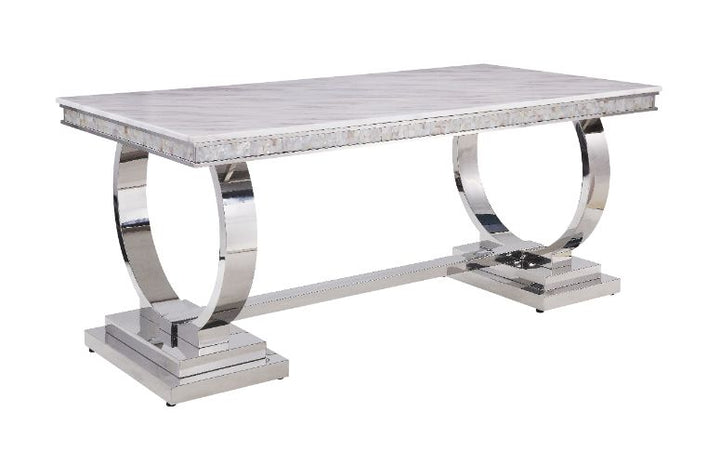 ACME Zander White Printed Faux Marble & Mirrored Silver Finish Dining Table Model 68250 - MONAVILLA
