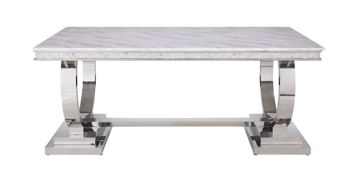 ACME Zander White Printed Faux Marble & Mirrored Silver Finish Dining Table Model 68250 - MONAVILLA