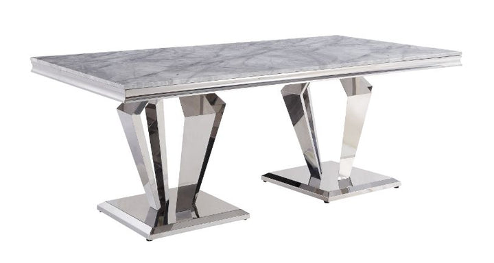 ACME Satinka Light Gray Printed Faux Marble & Mirrored Silver Finish Dining Table Model 68265 - MONAVILLA