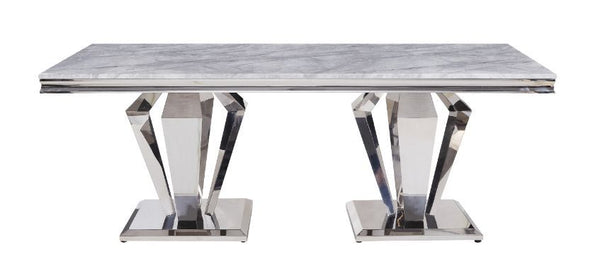 ACME Satinka Light Gray Printed Faux Marble & Mirrored Silver Finish Dining Table Model 68265 - MONAVILLA