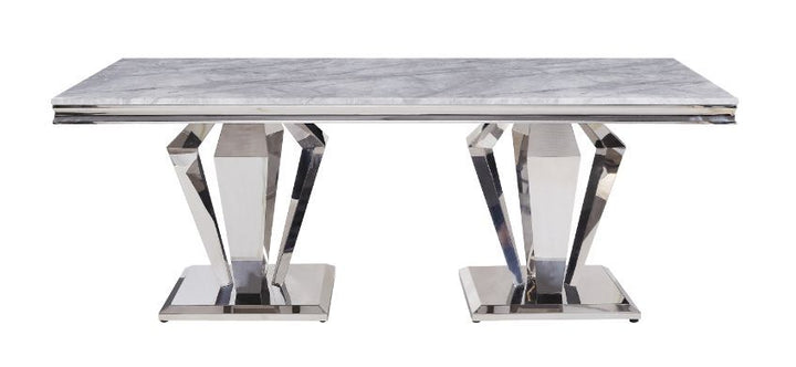 ACME Satinka Light Gray Printed Faux Marble & Mirrored Silver Finish Dining Table Model 68265 - MONAVILLA