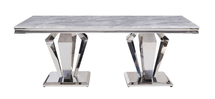 ACME Satinka Light Gray Printed Faux Marble & Mirrored Silver Finish Dining Table Model 68265 - MONAVILLA