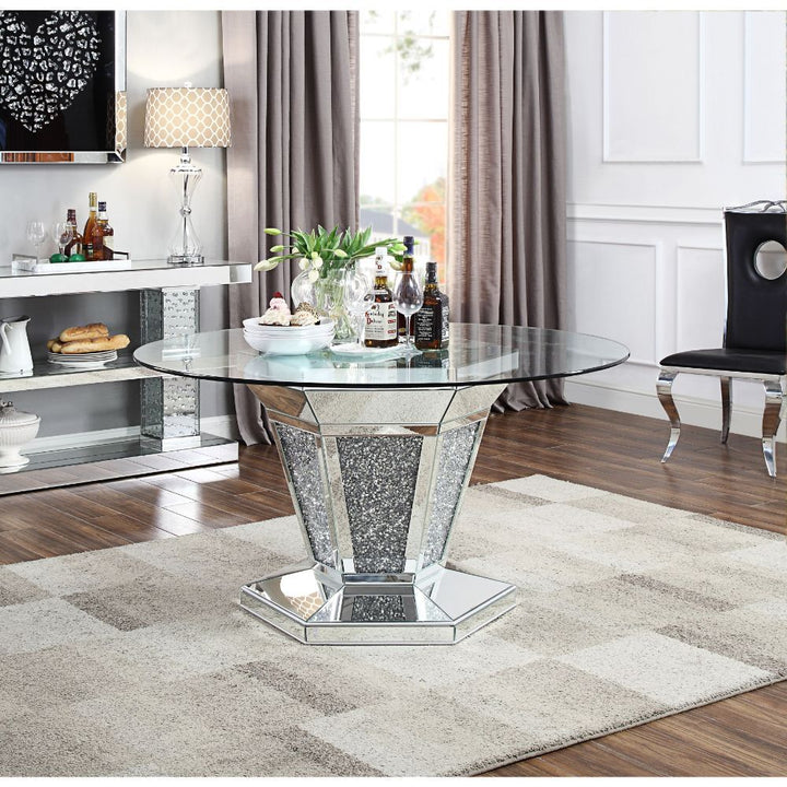 ACME Noralie Mirrored, Faux Diamonds & Clear Glass Dining Table Model 71285 - MONAVILLA