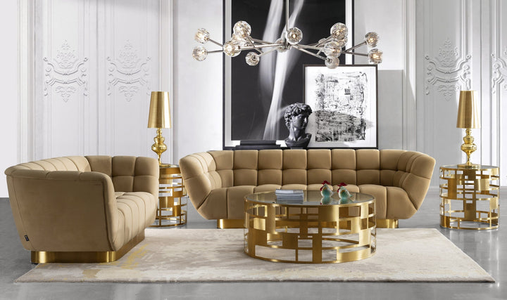 Divani Casa Granby Glam Mustard and Gold Fabric Loveseat - MONAVILLA