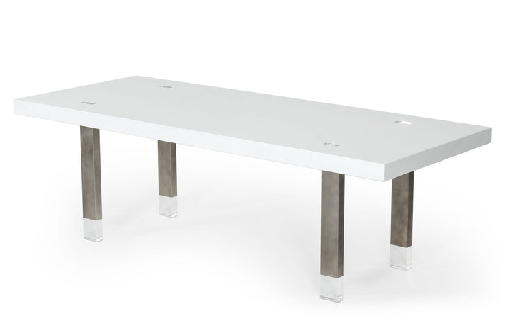 Modrest Lenny Modern White High Gloss & Stainless Steel Gun Metal Dining Table - MONAVILLA