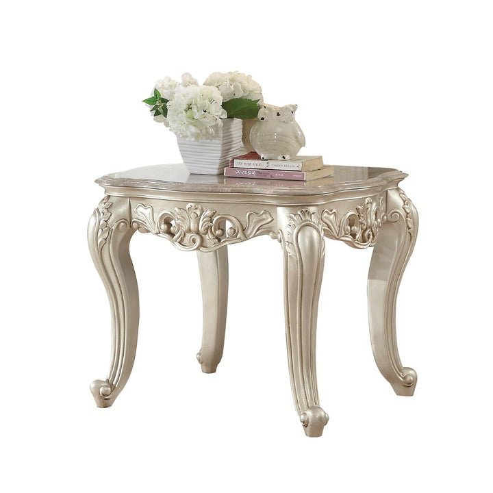 ACME Gorsedd Marble & Antique White End Table Model 82442 - MONAVILLA