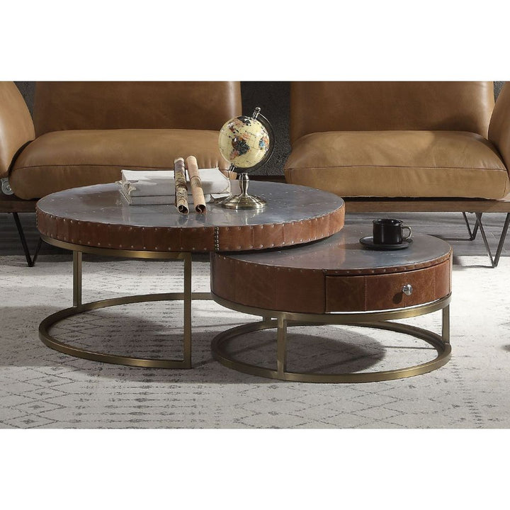 ACME Tamas Aluminum & Cocoa Top Grain Leather Coffee Table Model 84890 - MONAVILLA