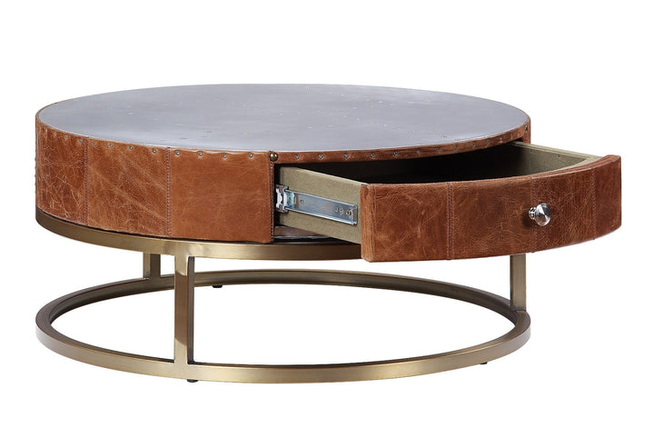 ACME Tamas Aluminum & Cocoa Top Grain Leather Coffee Table Model 84890 - MONAVILLA
