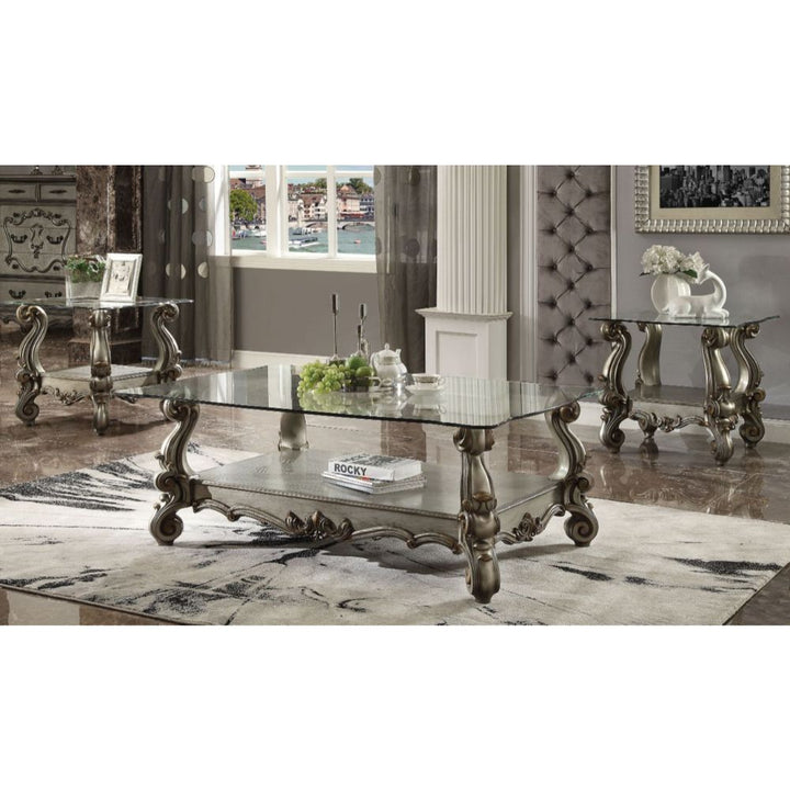 ACME Versailles Antique Platinum & Clear Glass End Table Model 86842 - MONAVILLA