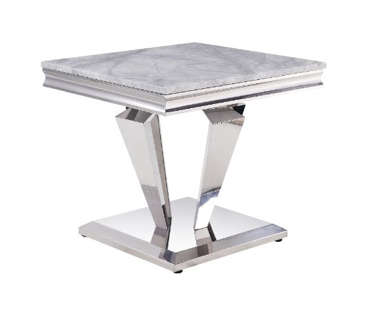 ACME Satinka Light Gray Printed Faux Marble & Mirrored Silver Finish End Table Model 87219 - MONAVILLA