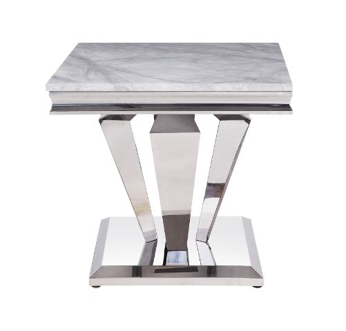 ACME Satinka Light Gray Printed Faux Marble & Mirrored Silver Finish End Table Model 87219 - MONAVILLA