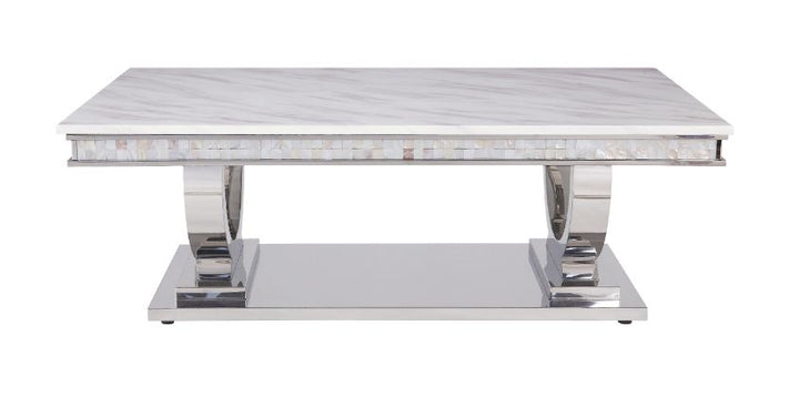 ACME Zander White Printed Faux Marble & Mirrored Silver Finish Coffee Table Model 87355 - MONAVILLA