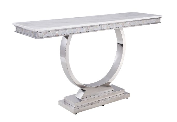 ACME Zander White Printed Faux Marble & Mirrored Silver Finish Console Table Model 87363 - MONAVILLA