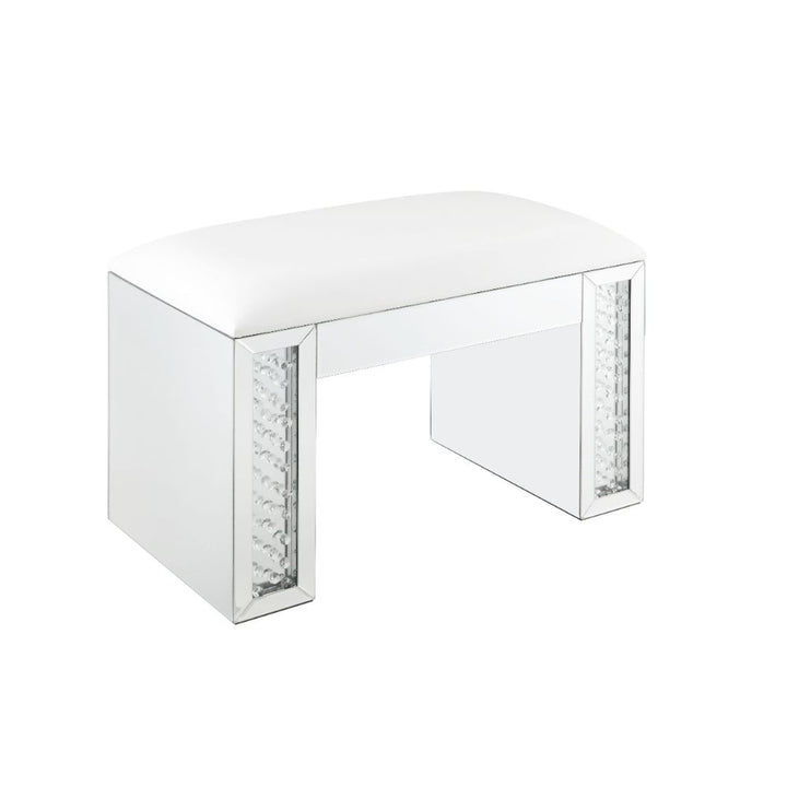 ACME Nysa Ivory PU, Mirrored & Faux Crystals Vanity Stool Model 90158 - MONAVILLA