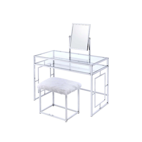 ACME Carenze II White Faux Fur & Chrome Vanity Desk Model 90314 - MONAVILLA