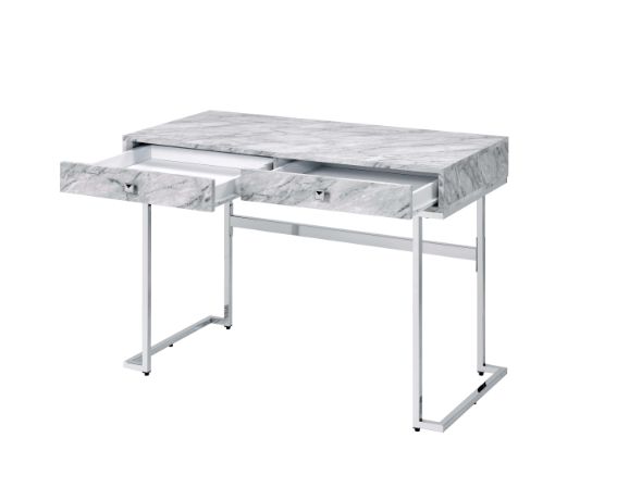 ACME Tigress White Printed Faux Marble & Chrome Finish Writing Desk Model 92615 - MONAVILLA
