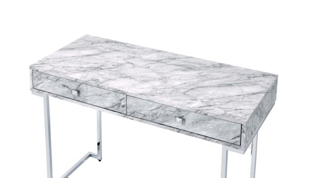 ACME Tigress White Printed Faux Marble & Chrome Finish Writing Desk Model 92615 - MONAVILLA