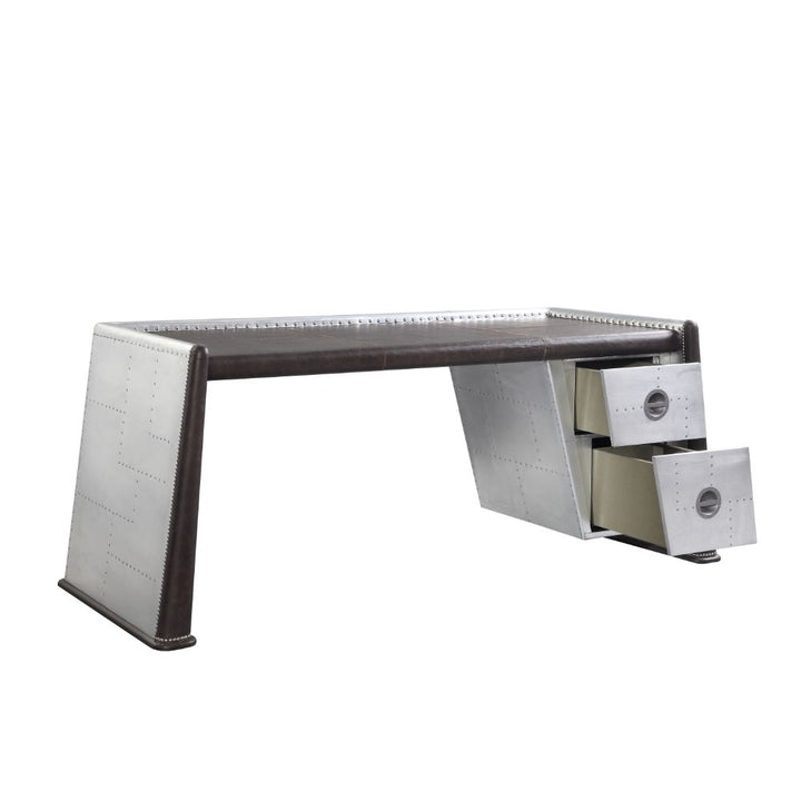 ACME Brancaster Distress Chocolate Top Grain Leather & Aluminum Desk Model 92855 - MONAVILLA