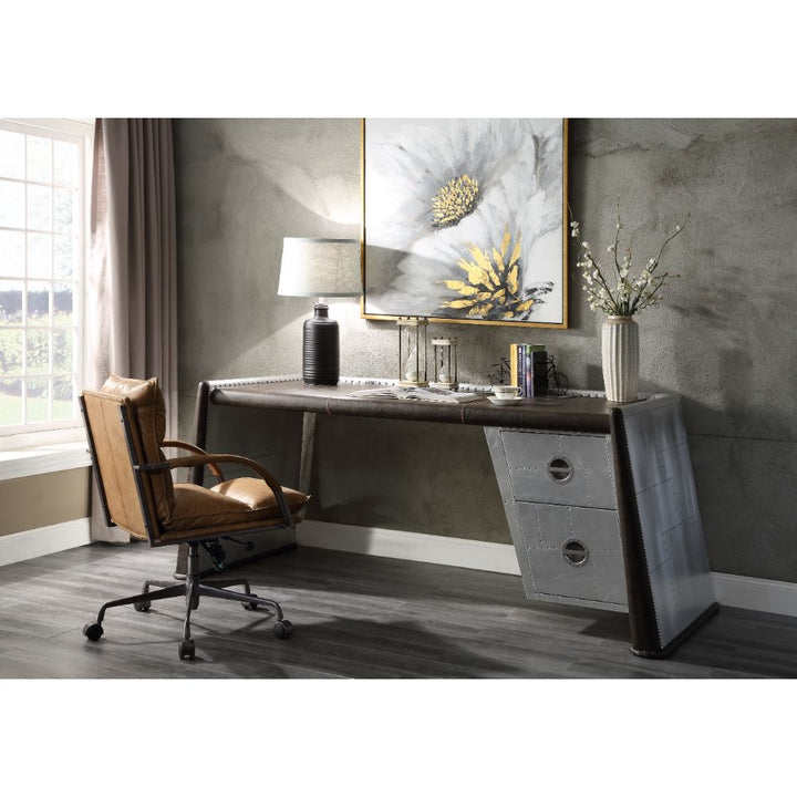 ACME Brancaster Distress Chocolate Top Grain Leather & Aluminum Desk Model 92855 - MONAVILLA