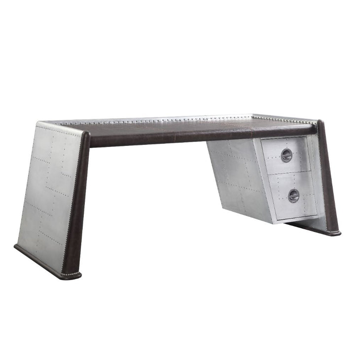 ACME Brancaster Distress Chocolate Top Grain Leather & Aluminum Desk Model 92855 - MONAVILLA