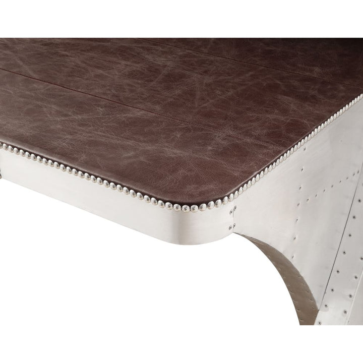 ACME Brancaster Retro Brown Top Grain Leather & Aluminum Desk Model 92857 - MONAVILLA