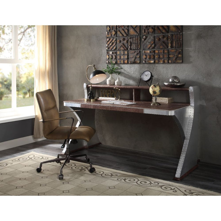 ACME Brancaster Retro Brown Top Grain Leather & Aluminum Desk Model 92857 - MONAVILLA