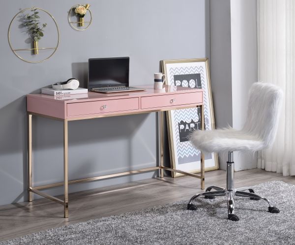 ACME Ottey Pink High Gloss & Gold Finish Writing Desk Model 93545 - MONAVILLA