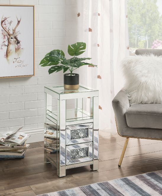 ACME Noralie Clear Glass, Mirrored & Faux Diamonds Accent Table Model 97956 - MONAVILLA