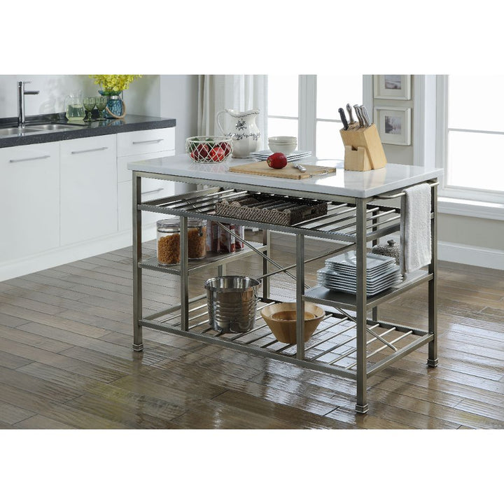 ACME Lanzo Marble & Antique Pewter Kitchen Island Model 98402 - MONAVILLA