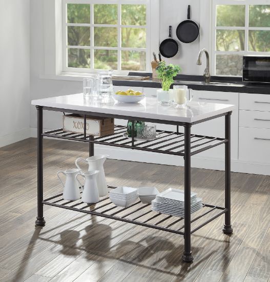ACME Freyja White Cultured Marble & Gray Finish Kitchen Island Model 98941 - MONAVILLA