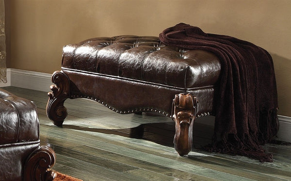 ACME Versailles 2-Tone Dark Brown PU & Cherry Oak Ottoman Model 96538
