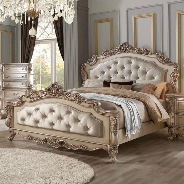 ACME Gorsedd Fabric & Antique White Bed Model 27440
